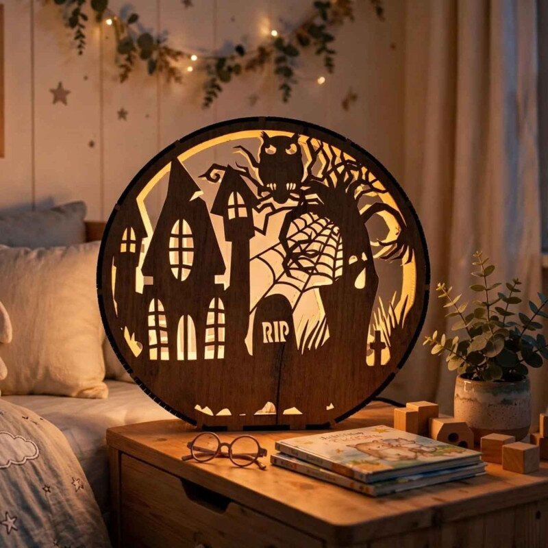 Sentop Drewniana lampa na Halloween - Dom strachu z sową | DRACO