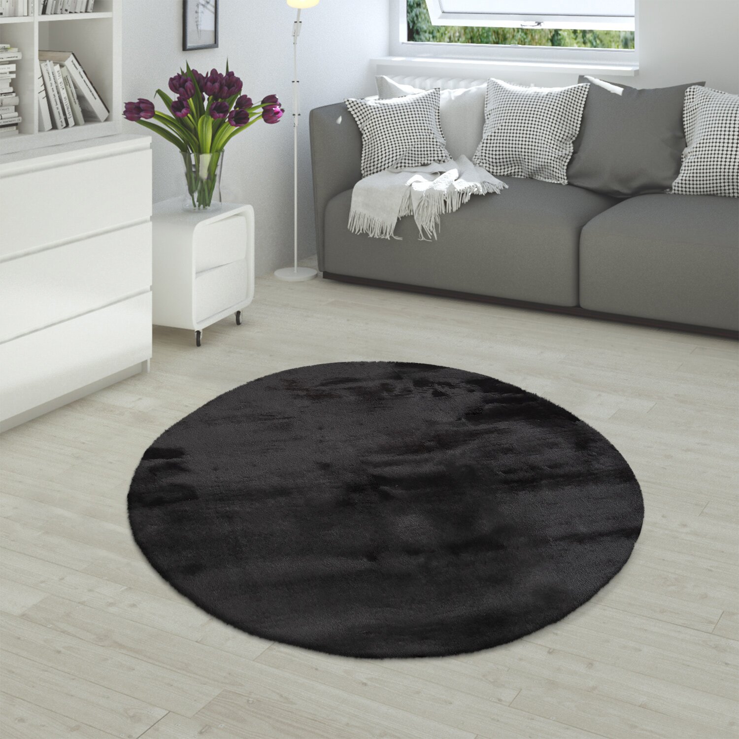 teppich.pl Dywanik futrzany Fluffy czarny 200 cm okrągłe